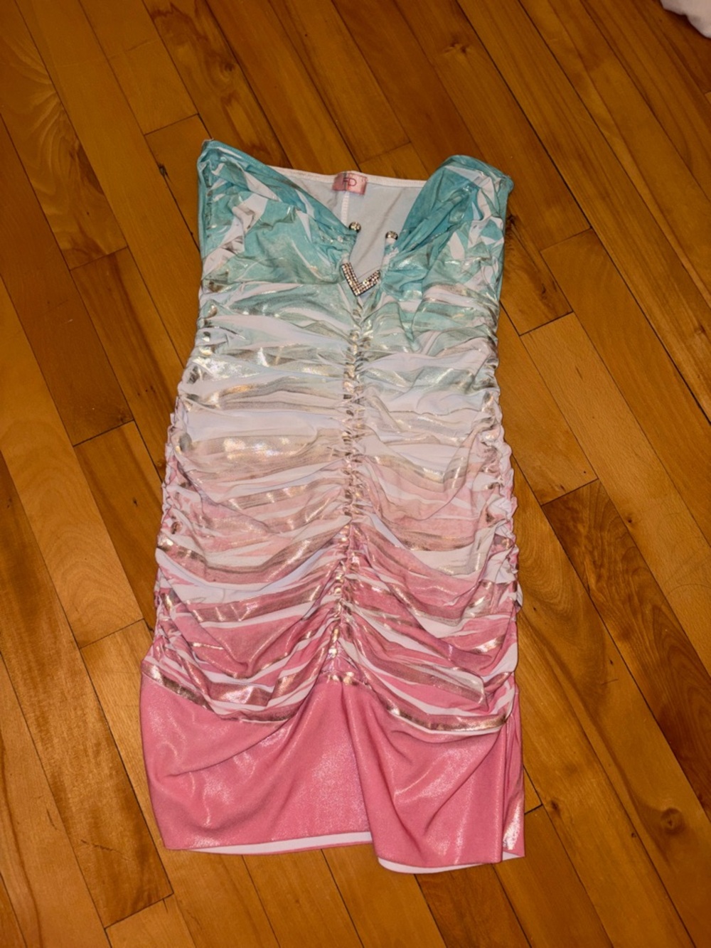 Ruched Ombre Bodycon Dress in Aqua, White & Pink